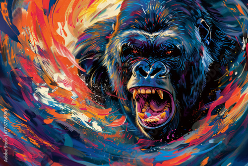 Create an abstract depiction of a growling gorilla, with swirling patterns and bold colors conveying its primal power and dominance