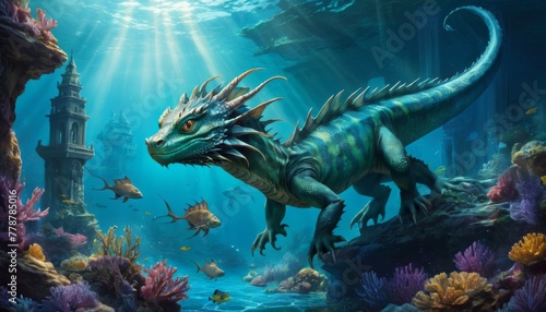An imposing underwater dragon roams near ancient sunken architecture  surrounded by schools of fish in the deep sea.. AI Generation
