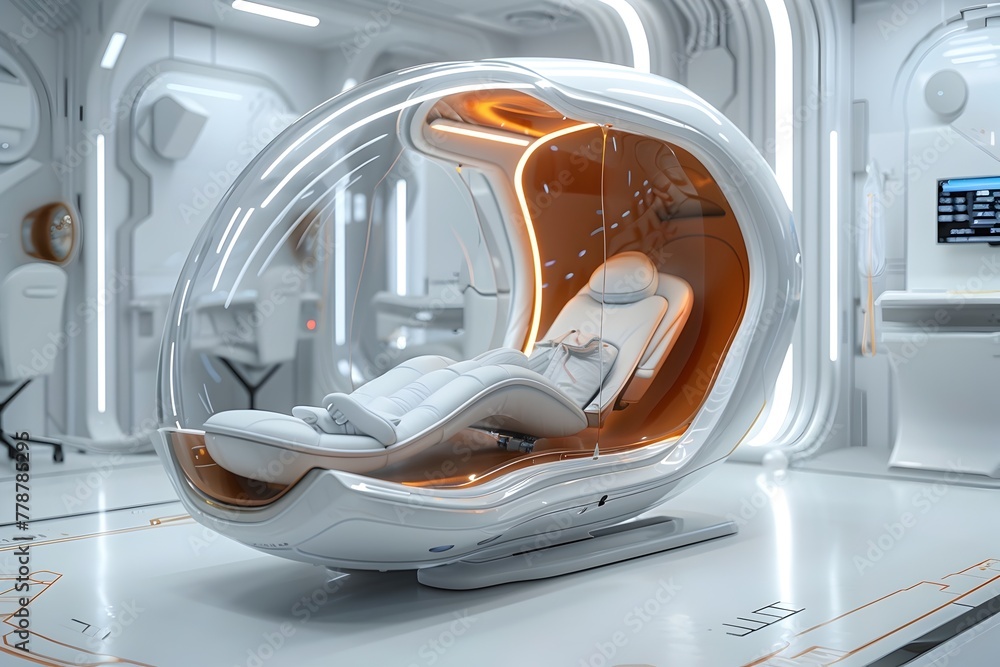 Fototapeta premium Cubo Futuristic Vision of Levitating Desks Genetic Labs and Hyperloop Redefining Convenience in Isolated Cinematic Setting