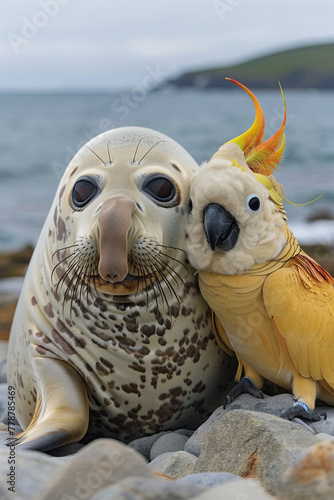 A seal and a parrot are standing on a rocky beach photo