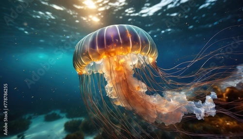 glowing jellyfish swim deep in blue sea medusa neon jellyfish fantasy in space cosmos among stars
