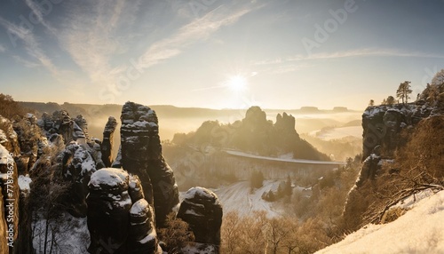 bastei panorama at sunrise in winter saxon switzerland sachsische schweiz saxony germany photo