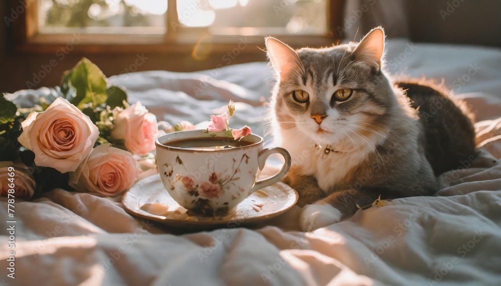 good morning my love coffee in bed morning rays of the sun roses and a cute playful kitty