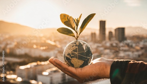 save the wold green earth day concept man s hand holding plant put on globe with cityscape background photo