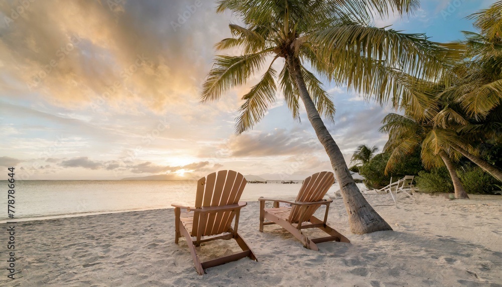 caribbean beach getaway adirondack chairs and palm tree in tropical paradise