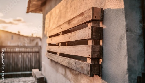 an old wooden euro pallet on the wall of a house
