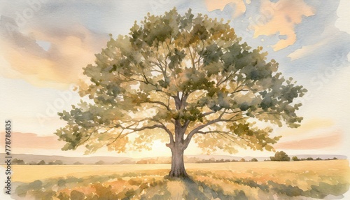 hand drawn watercolor illustration of deciduous oak tree generative ai