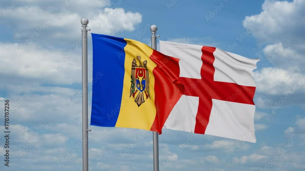 England and Moldova two flags waving together, looped video, two country relations concept England and Moldova two flags waving together, looped video, two country relations concept