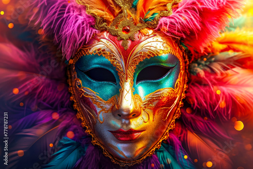 Mask with colorful and detailed design is being worn on someone's face.