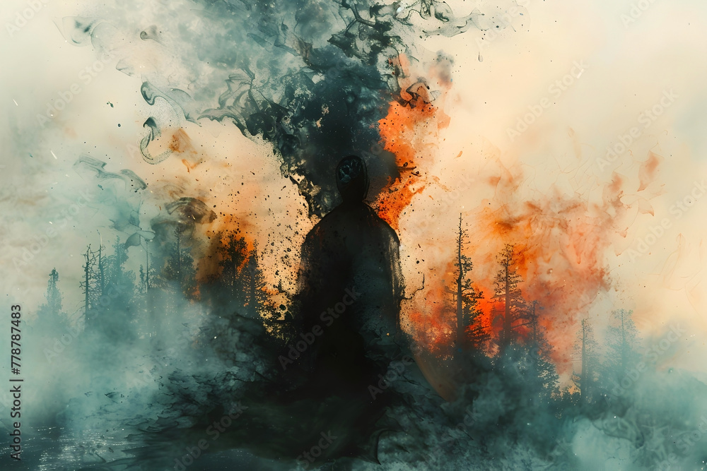 Fototapeta premium Haunting Poltergeist Landscape Ablaze in Ethereal Watercolor Inspired Hyperrealism