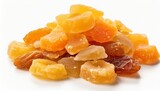 heap of candied fruit pieces close up isolated on white background sweet dried pineapples oranges and papayas in sugar syrup used as filling in confectionery generate ai