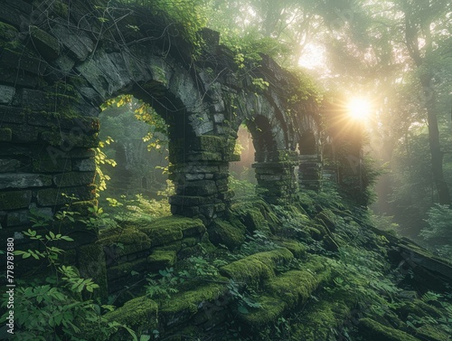 Ancient ruins, moss-covered stones, lush greenery, sun filtering through trees Timeless and Mystical Wide Angle & High-Resolution Atmospheric & Moody Lighting