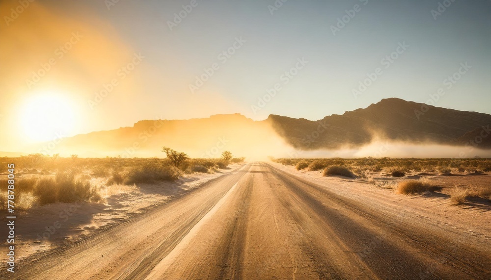 sand storm across lonely desert road in southern namibia taken in january 2018