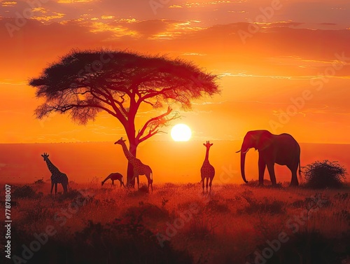 African savannah  herds of elephants and giraffes  acacia trees Wild and Free Wide Angle   High-Resolution Natural Colors   Golden Hour Lighting