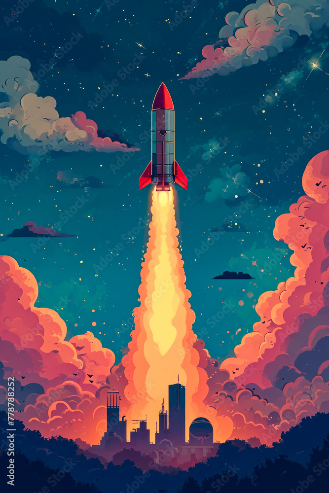Cartoon drawing of rocket blasting off into space.