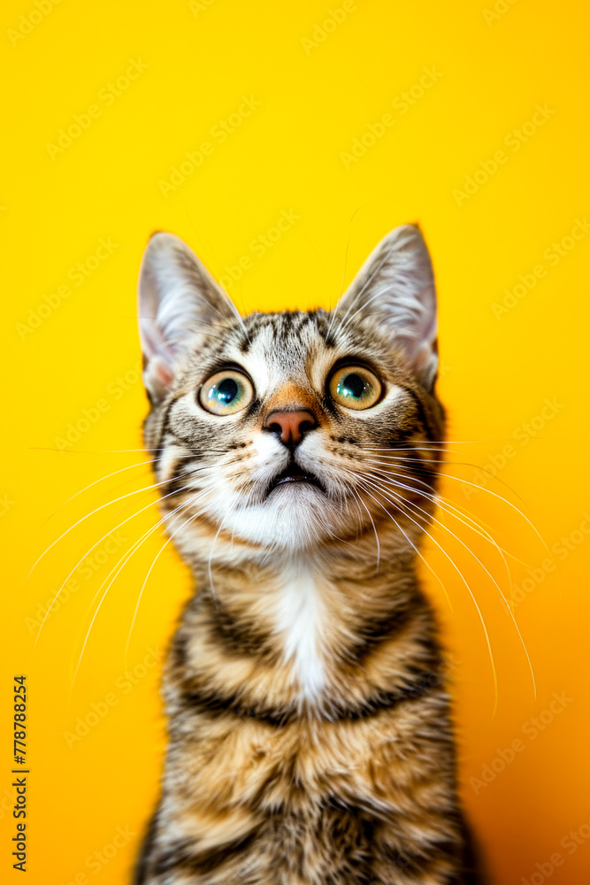 Cat with yellow eyes stares straight ahead with its mouth open.