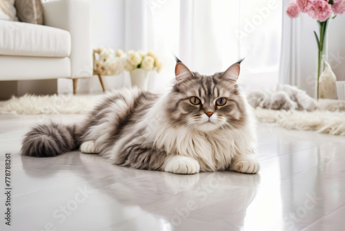 Fluffy cat with big eyes sits on wooden floor near chair and vase of flowers.