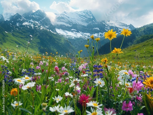 Alpine meadow, wildflowers, snow-capped mountains in the background Peaceful and Majestic Medium Shot & Natural Rich Colors & Balanced Lighting photo