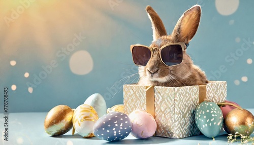 frohe ostern konzept feiertag grusskarte mit deutschem text cooler osterhase kaninchen mit sonnenbrille sitzt in geschenkbox mit ostereiern isoliert auf blauem hintergrund photo