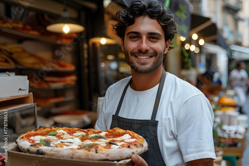 Man Holding Pizza in Front of Store
