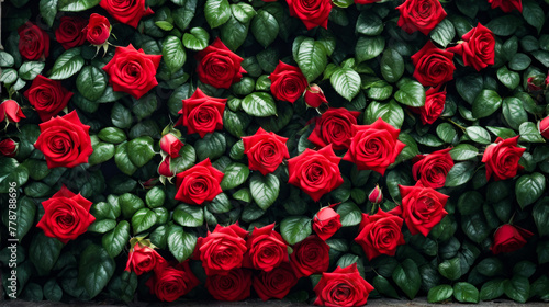 Wall of many red roses with green leaves.