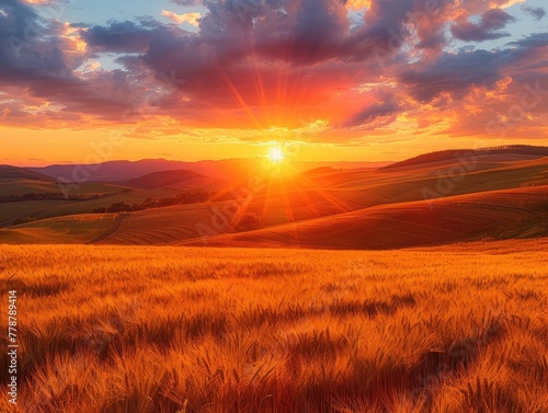 A fiery sunset over rolling hills, golden light bathing fields of wheat in a warm glow Golden Hour Glory Radiant Sky & Amber Fields Tranquil Beauty & Nature's Splendor © SurfacePatterns
