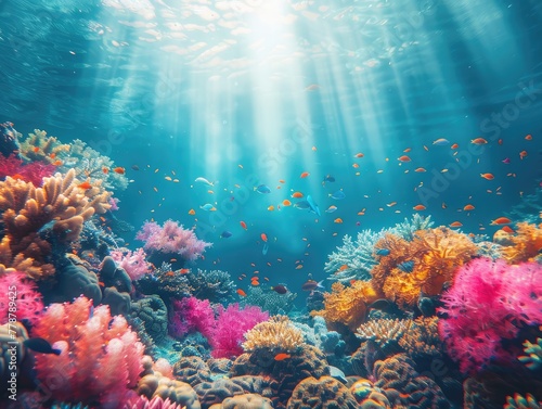 A surreal underwater scene, colorful coral reefs teeming with exotic marine life, illuminated by sun rays Oceanic Wonder Submerged Majesty & Vibrant Ecosystem Aquatic Splendor & Natural Diversity