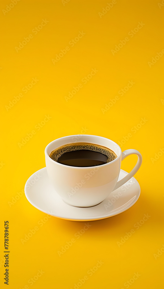 Cup of coffee on a bright yellow background with copy space for text. Good morning concept. Cup of coffee on a bright yellow background with copy space for text. Good morning concept.