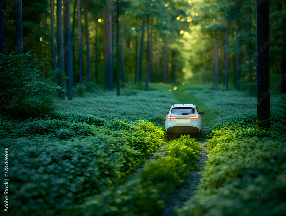 Car drives through forest and woods, navigating nature's path on a sunny morning