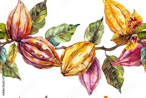Seamless border of ripe cocoa pods on branches. Ideal for culinary and educational topics. Watercolor botanical illustration of chocolate ingredient