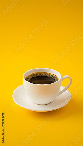Cup of coffee on a bright yellow background with copy space for text. Good morning concept.