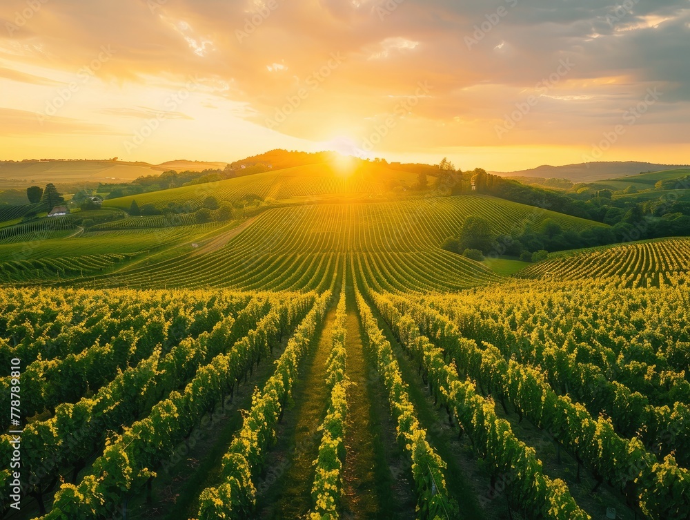Rolling vineyard hills at golden hour, grapevines laden with fruit Wine Country Beauty Drone Capture & Ultra HD Idyllic Landscape