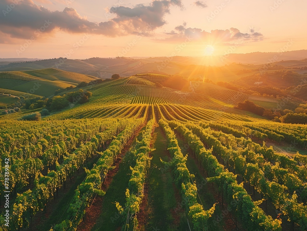 Rolling vineyard hills at golden hour, grapevines laden with fruit Wine Country Beauty Drone Capture & Ultra HD Idyllic Landscape