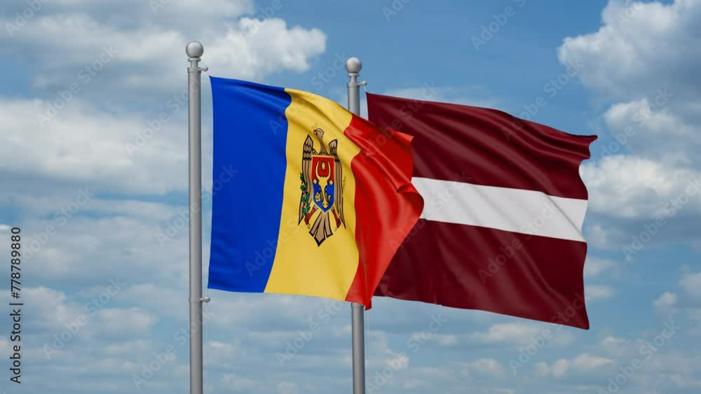 Latvia and Moldova two flags waving together, looped video, two country cooperation concept Latvia and Moldova two flags waving together, looped video, two country cooperation concept