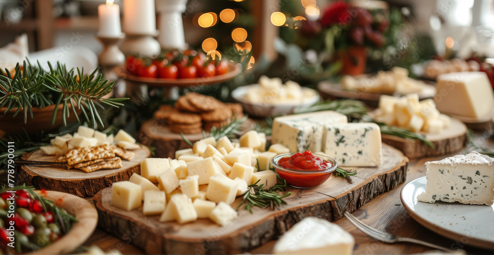   A festive array of cheeses and crackers on a wooden platter against a Christmas tree backdrop