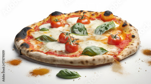pizza napoletana margherita grande basilico burned isolated on white background