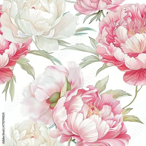 Seamless peonies in full bloom of pink and white flowers. Watercolor botanical print for luxury textiles, wedding invitations and fashion fabrics. Ideal for fashion packaging and floral home decor.