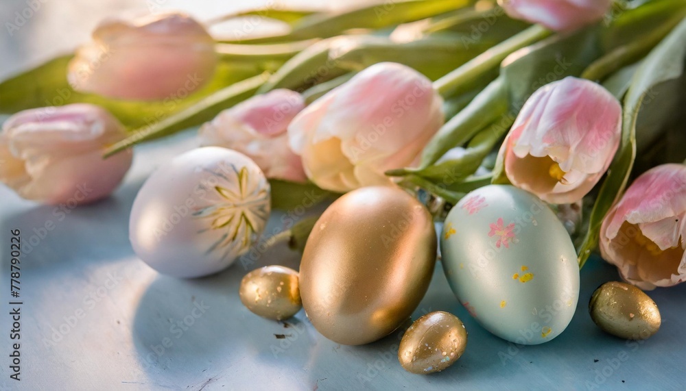 pastel colored decorated easter eggs and tulips on a bright blue background
