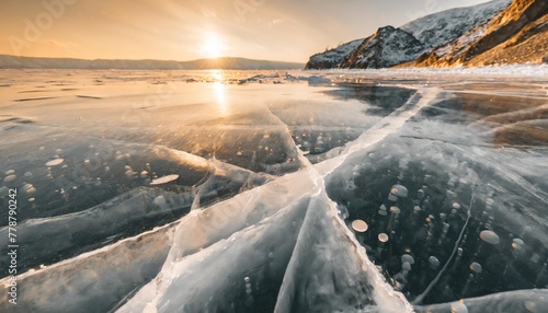 amazing ice crack with bubble texture background close up texture surface cracks of the natural ice in frozen water at baikal lake russia