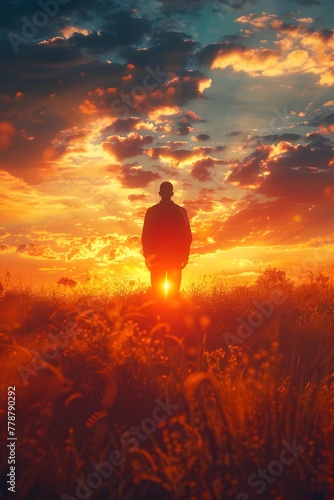 Silhouetted Figure Standing in Vibrant Sunrise Landscape Evoking Sense of Wonder and Gratitude © lertsakwiman