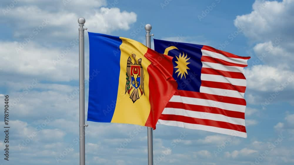 Malaysia and Moldova two flags waving together, looped video, two country cooperation concept Malaysia and Moldova two flags waving together, looped video, two country cooperation concept