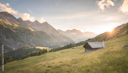 idyllic landscape in the alps with mountain chalet and green meadows © Leila