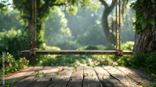 Old wooden terrace with wicker swing hang on the tree with blurry nature background 3d render