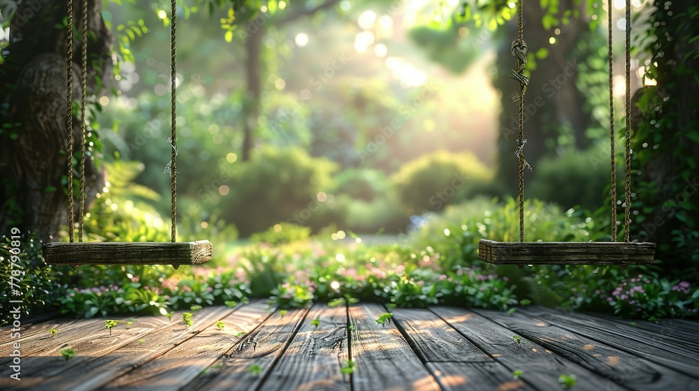 Old wooden terrace with wicker swing hang on the tree with blurry nature background 3d render Old wooden terrace with wicker swing hang on the tree with blurry nature background 3d render
