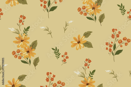 Seamless floral pattern  abstract ditsy print  elegant nature ornament in yellow colors. Beautiful botanical wallpaper  textile design  hand drawn wild flowers bouquets  leaves. Vector illustration.
