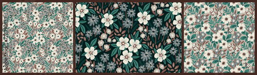 Seamless floral pattern  liberty ditsy print  ornate decorative art meadow. Abstract ornament  botanical design collection in vintage folk style  hand drawn small flowers  leaves. Vector illustration.