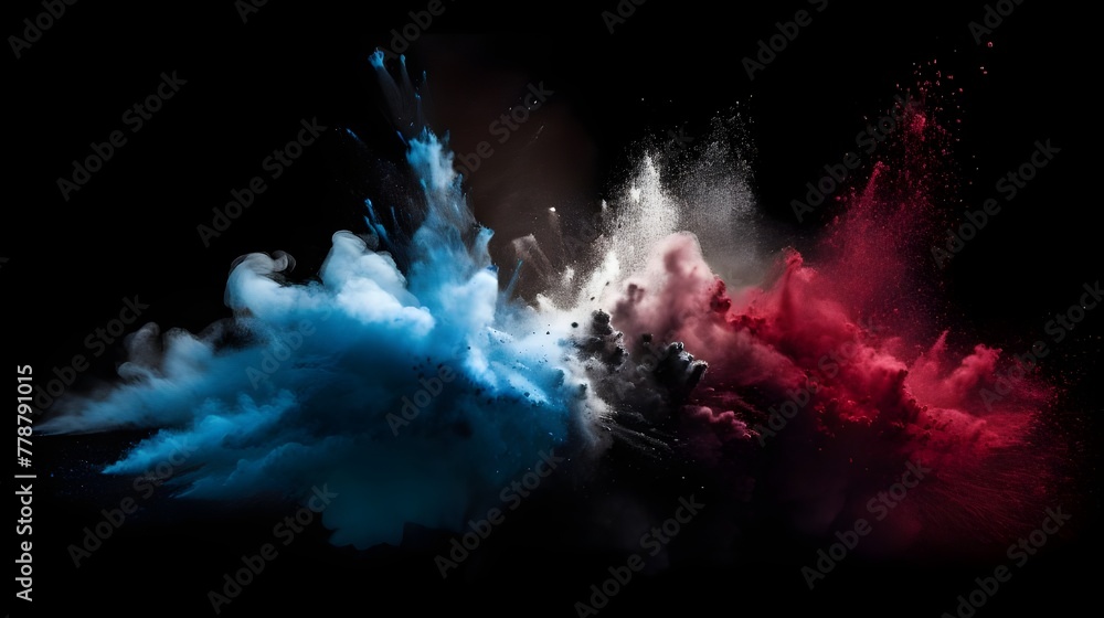 Vibrant red, blue, and white powder exploding on a black background, resembling splashes of Holi paint powder in the colors reminiscent of the French and Dutch ... See More

