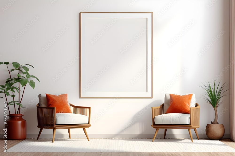 Two chairs and a large frame in a room, creating a cozy and artistic ambiance. Two chairs and a large frame in a room, creating a cozy and artistic ambiance.