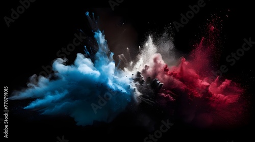 Vibrant red  blue  and white powder exploding on a black background  resembling splashes of Holi paint powder in the colors reminiscent of the French and Dutch ... See More 