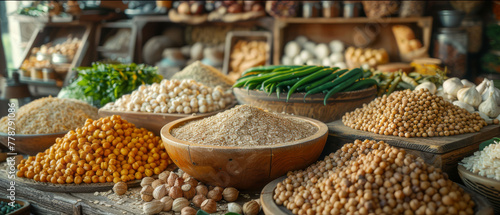  Vegetables and grains arranged in a table next to bowls of beans, onions, carrots, peas, and broccoli